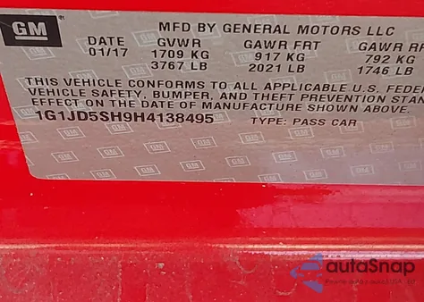 2017 Chevrolet Sonic Lt Auto из США, поврежденный, VIN 1G1JD5SH9H4138495